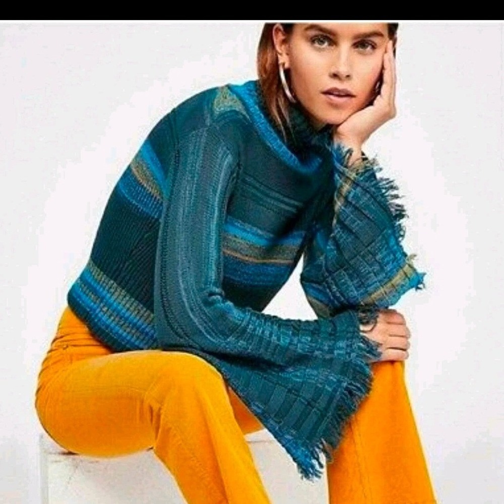 Free People Close to Me Striped pullover turtleneck sweater green‎ blue Medium